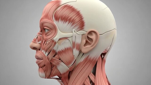 Detailed 3D rendering of human head and neck musculature and bone structure in profile view against a grey background.