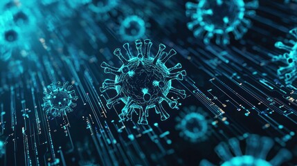 A blue and green virus floating in a digital environment.