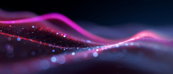 Abstract digital wave with glowing pink and blue particles forming a flowing mesh pattern against a dark background, evoking futuristic technology and data visualization