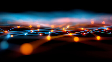 Abstract digital network with glowing orange and blue nodes connected by light beams on a dark background, symbolizing data flow and modern technology connectivity