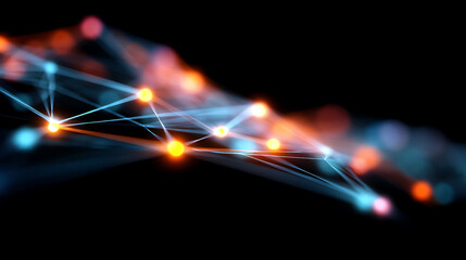 Abstract digital network with glowing nodes connected by blue lines on a dark background, representing technology, connectivity, and data flow