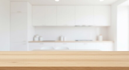 Wooden table with blurred kitchen background for product display.