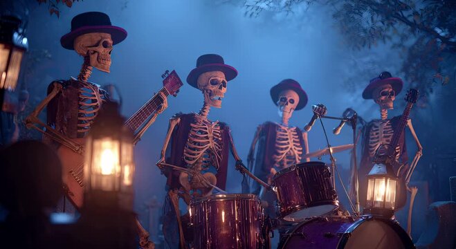 Halloween concept Skeleton Band Performance Skeleton musicians play instruments together at a cemetery stage illuminated by lantern light