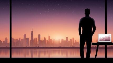 Man looking at city skyline during sunrise from window. Financial or business concept with laptop showing graph for investment analysis.