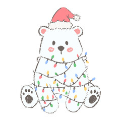 Polar bear tangled in Christmas lights. Festive winter character isolated on white.