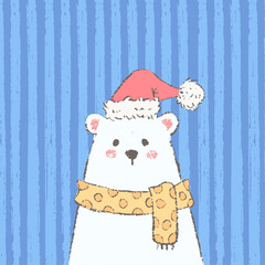 Christmas polar bear portrait. Cute winter character with textured background.