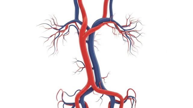 Detailed anatomical illustration of the human vascular system, showing arteries and veins in the upper body, neck, and head regions.