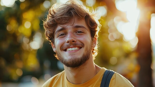 A young man with curly hair and a yellow shirt, standing outdoors with a backpack, smiling and looking at the camera.