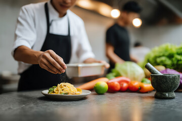Chef seasoning a plate of pasta in a professional kitchen with fresh vegetables and a mortar and pestle on the counter
