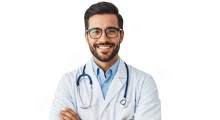 Smiling doctor wearing stethoscope and white lab coat professional medical healthcare portrait