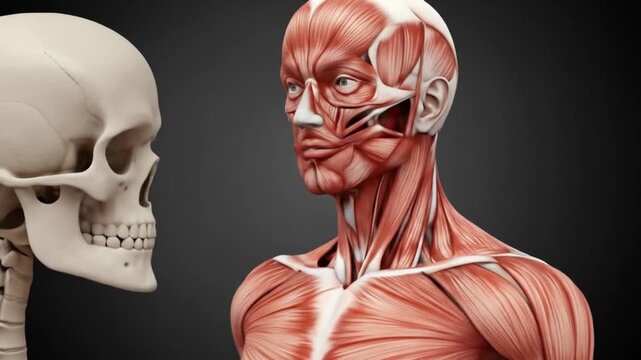 Anatomical illustration showcasing a human skull alongside a detailed muscular system rendering.