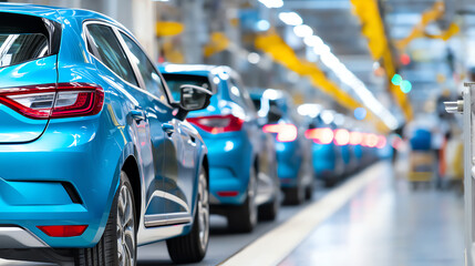A row of blue cars on an assembly line inside a modern automotive manufacturing plant with bright overhead lighting and blurred background
