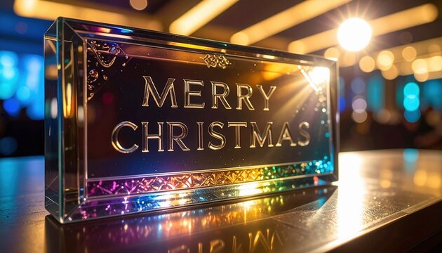 Elegant glass crystal Merry Christmas sign glowing with festive colorful lights.