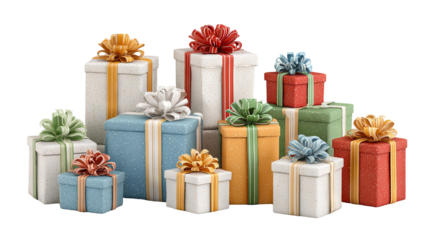 Colorful stacked gift boxes with bows arranged neatly on plain background minimal festive composition for holiday celebrations packaging design mockups greeting cards web banners 