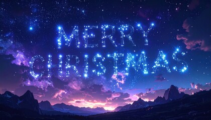 Fototapeta premium Merry Christmas glowing constellation text in starry night sky over mountains