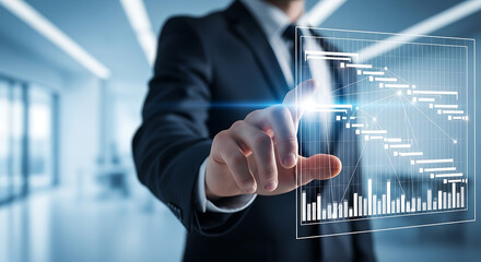 Strategic planning and project management concept featuring a manager interacting with a holographic Gantt chart interface