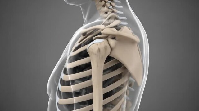 Human skeletal system anatomy, showing the shoulder, ribs, and upper arm bones.