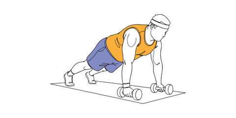 Minimal line art Illustration of a man exercising with dumbbells in plank row position, representing fitness training, workout, strength, endurance, health, and active lifestyle concept.