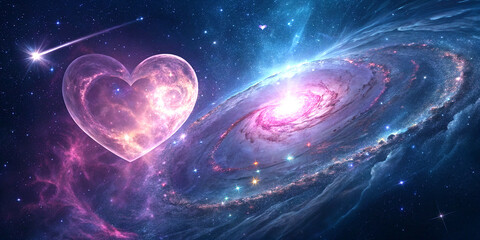 Cosmic glowing heart with ethereal light and swirling galaxy like celestial energy