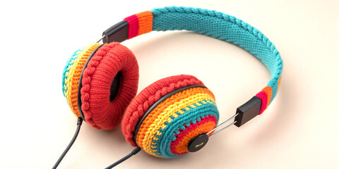 Cozy handmade knitted colorful wool headphones with vibrant textured design