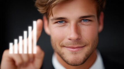 Young entrepreneurial man touching a glowing virtual bar graph, depicting growth and increasing business success. Futuristic technology concept.