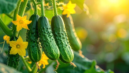 Cucumbers Growing in Garden with Yellow Flowers and Sunlight.