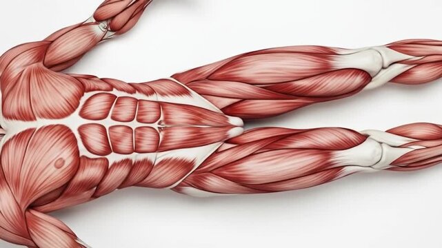 Detailed anatomical illustration of the human muscular system, focusing on the torso, arms, and legs against a white background.