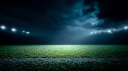 Empty sports field illuminated by stadium lights under a dark, cloudy night sky, highlighting the grass and marked lines on the ground