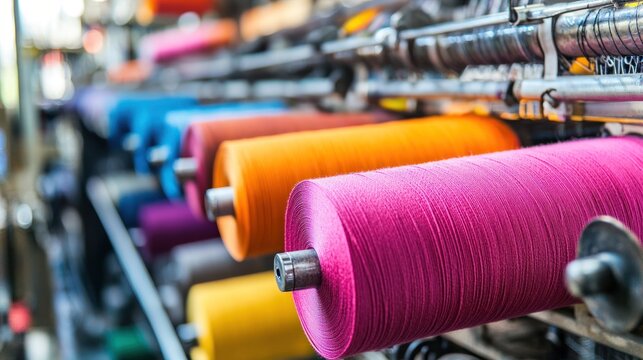A textile factory with colorful spools of thread on a conveyor belt.