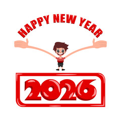 Happy New Year 2026 greeting card with cute cartoon boy