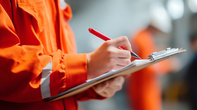 A person in an orange safety jacket writes on a clipboard with a red pen, likely conducting an inspection or taking notes in an industrial or construction setting