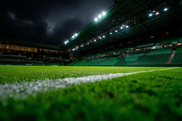 Empty football stadium with bright floodlights illuminating the green field and stands under a dark, cloudy night sky
