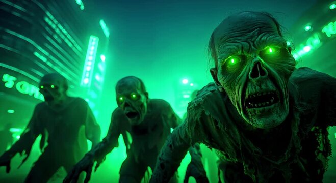 Halloween concept Zombie Apocalypse Scene Zombies lurch toward camera through city streets lit by eerie green glow sticks