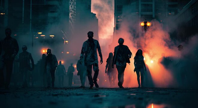 Halloween concept Zombie Apocalypse Scene Zombies people lurch toward camera through city streets lit by eerie green glow sticks