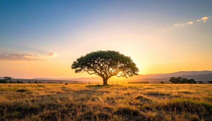 Lone Tree Silhouette at Golden Sunset in African Savanna Landscape Scenic Field with Dry Grass and Distant Hills Against Bright Blue Sky and Sunlight