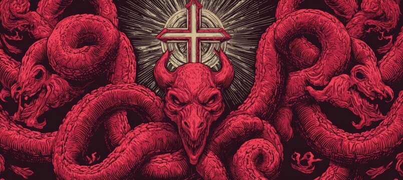 Satan dragon sign of evil church. Generative AI technology.	
