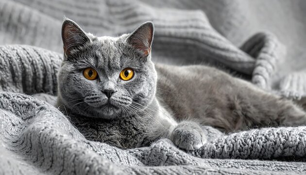 British Shorthair Cat with Intense Gaze on Knitted Blanket. - Powered by Adobe