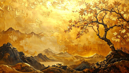 金箔の背景,金箔を使った絵画,金箔の壁面,Generative AI,AI画像