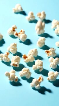 Scattered popcorn on a light blue surface with distinct shadows