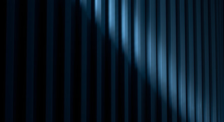 Abstract composition of vertical metal bars creating a rhythmic pattern with contrasting light and shadow effects in a cool blue tone, creating a modern and minimalist aesthetic look overall.