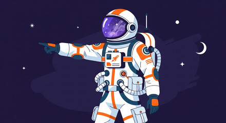 An astronaut in a spacesuit points towards the starry expanse of outer space, exploring.