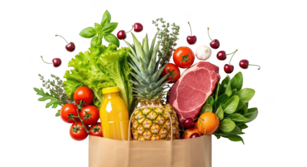 Fresh groceries bag overflowing with vibrant fruits vegetables and raw meat for healthy eating