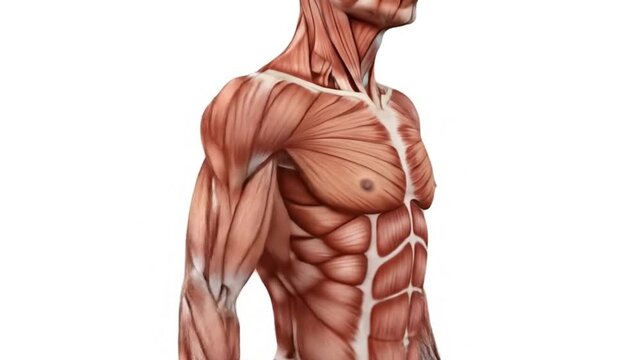 Anatomical illustration of the male upper body musculature, showing the chest, abdominal, shoulder, and arm muscles.