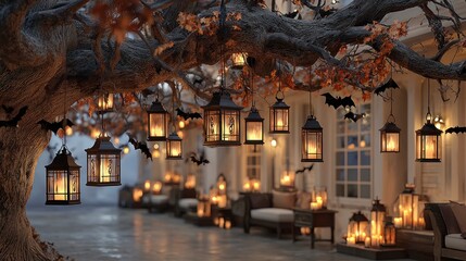 Cozy Halloween Decorations with Lanterns and Bats Hanging from a Tree Branch