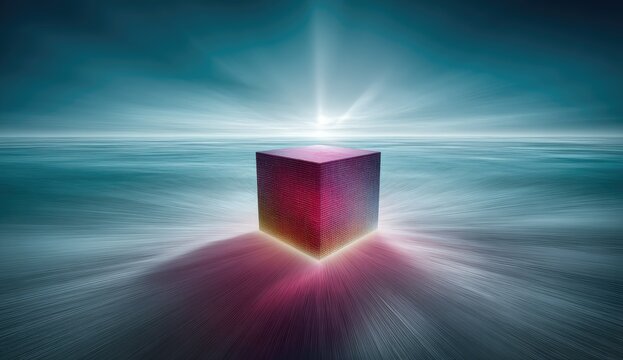 A large, glowing cube sits in a boundless, ethereal landscape.