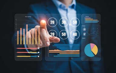 Businessman interacting with futuristic holographic financial data analysis interface