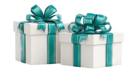 Elegant gift presentation with teal ribbon and bows on stacked boxes for celebrations festive packaging mockup clean minimal background copy space ideal for greeting cards product showcases
