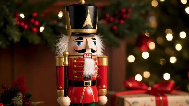 Colorful Nutcracker Figurine Decorates Holiday Scene with Lights