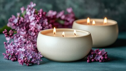 Two burning candles near lilac flowers; serene, soft lighting
