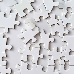 Scattered, white puzzle pieces, top-down view